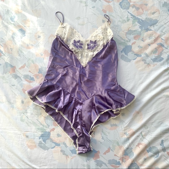 Vintage Other - Vintage NWOT Purple Floral Lacy High Cut Ruffle Lingerie Body Suit